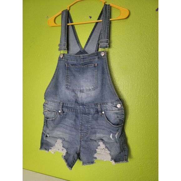 No Boundaries Juniors Overalls Denim Jean Shorts Large 11-13 - Picture 1 of 4